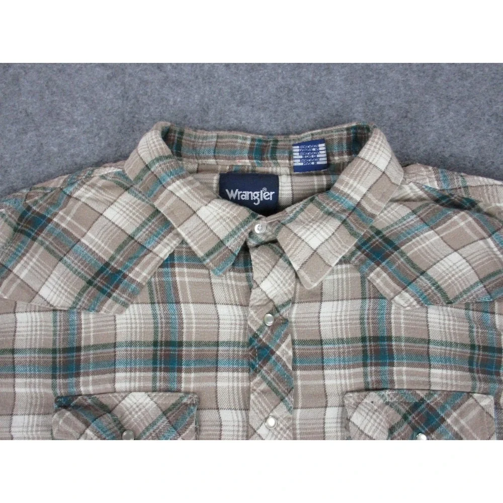 Wrangler Shirt Mens 2XL XXL Tall Beige Blue Plaid Flannel Pearl Snap Western